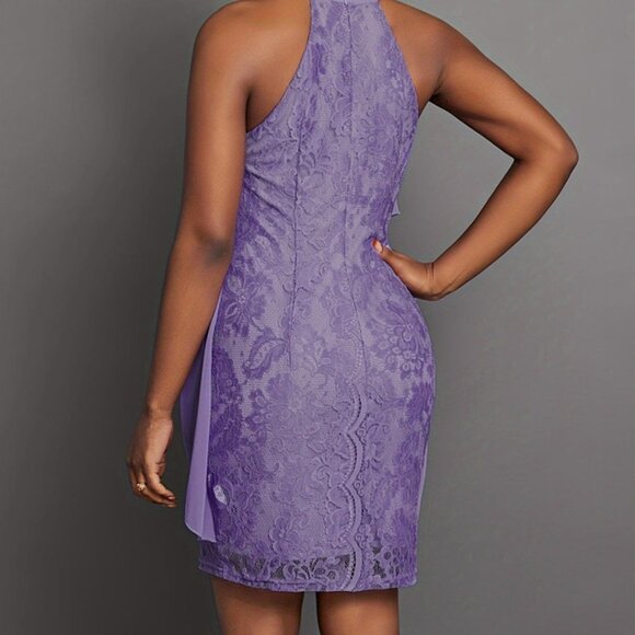 Halter Neck Layered Lace Mini Dress | Mini Sheath Formal Ruffled Dress - Picture 9 of 9